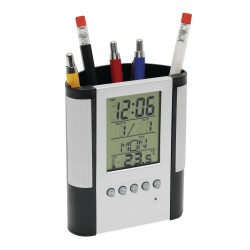 Подставка для ручек с многофункциональными часами BUTLER, черная, серебристая