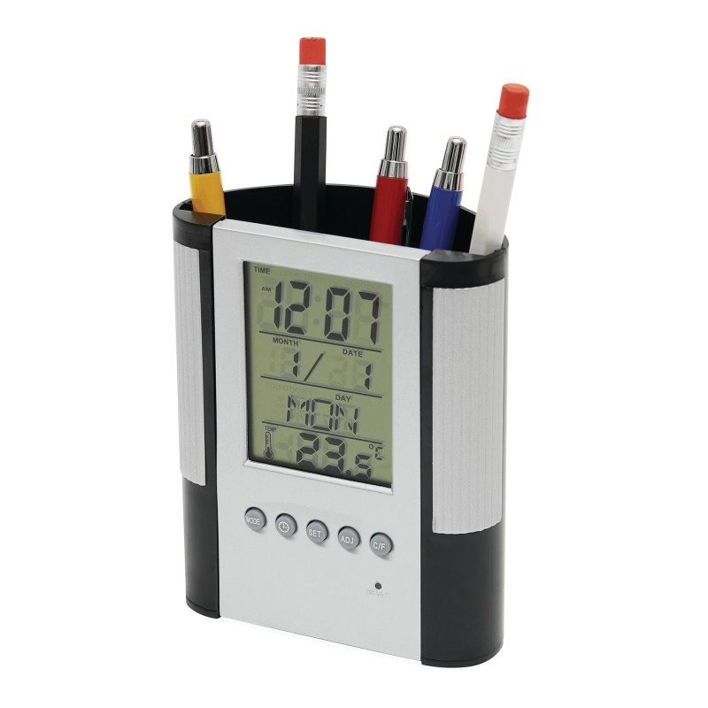 Подставка для ручек с многофункциональными часами BUTLER, черная, серебристая